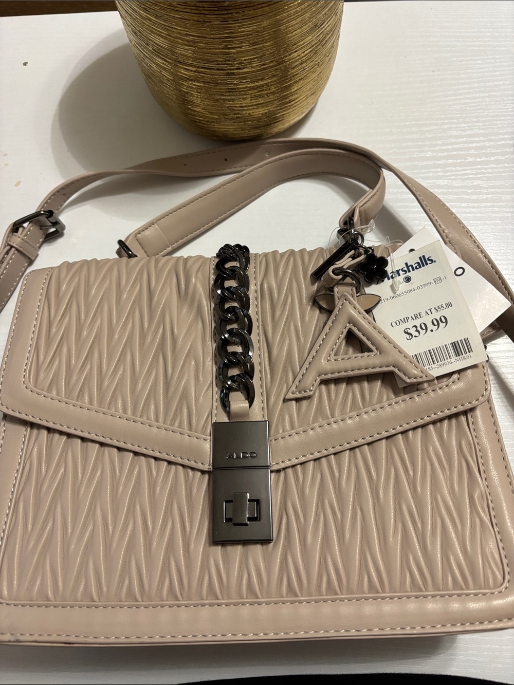 ALDO Taupe Quilted Crossbody Bag with Chain Accent